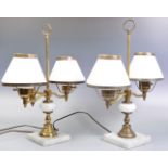 PAIR OF 20TH CENTURY MILK GLASS BRASS AND MARBLE LAMPS