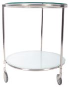 RETRO TWO TIER COCKTAIL DRINKS TROLLEY OF GLASS AND POLISHED METAL CONSTRICTION