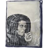 CONTEMPORARY PAINTING ON FABRIC DEPICTING BOB MARLEY