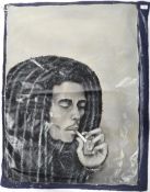 CONTEMPORARY PAINTING ON FABRIC DEPICTING BOB MARLEY