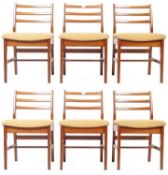 A & FH SET OF SIX TEAK FRAMED LADDERBACK DINING CHAIRS