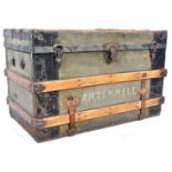 ANTIQUE OAK AND IRON BOUND TRAVEL TRUNK / COFFEE TABLE