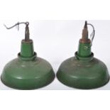 MATCHING PAIR OF INDUSTRIAL GREEN ENAMEL PENDANT HANGING LIGHT