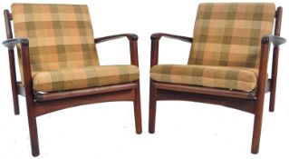 PAIR OF TOOTHILL AFROMOSIA WOOD ARMCHAIRS RETAILED BY HEALS