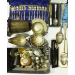 A collection of plated cruets of thistle form, plated cutlery and other plated ware.