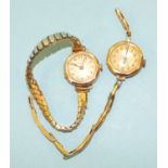 A lady's 9ct-gold-cased wrist watch on 9ct gold expanding bracelet, (damaged) and another 9ct-gold-
