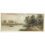 W H Earp, 'Woodland scene with figures in a rowing boat on a lake and figures on a path', signed