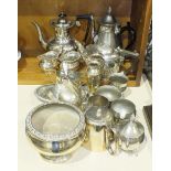 A plated three-piece tea service and other plated ware.