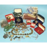 A quantity of costume jewellery, watches and coins.