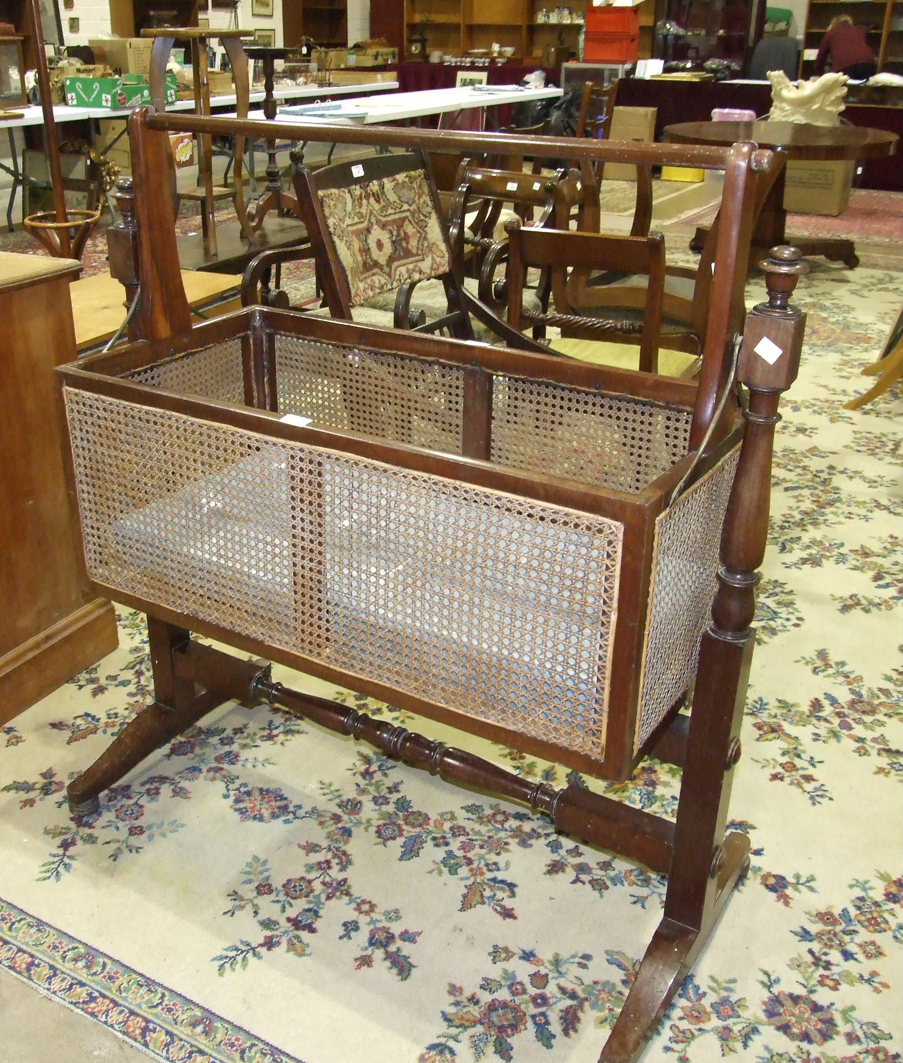 An early-19th century mahogany Bergère caned cradle, on turned stand, cradle 91 x 46cm, 113cm high - Image 2 of 2