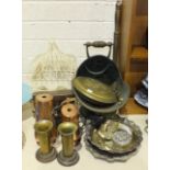 A copper coal helmet, a pair of brass shell case vases, 17cm high, a pair of Telemax 5 10x50