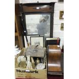 A mahogany-cased chiming mantel clock, 23cm high, a framed mirror, (damaged), a canteen of cutlery