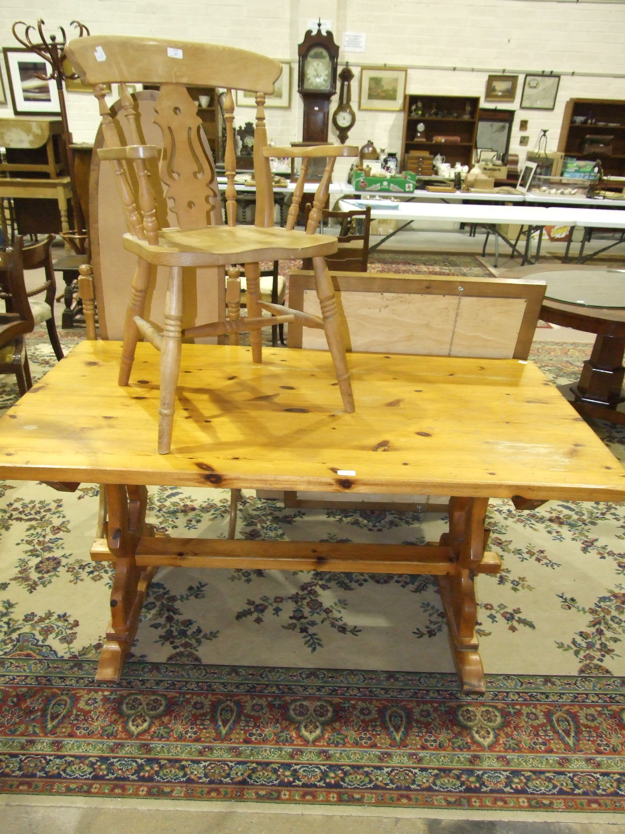 A modern pine armchair, a modern oval cheval mirror, a modern yellow pine refectory table and two - Image 2 of 2