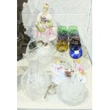 Nine coloured glass hock glasses, two cut-glass baskets, other glassware and two modern Capo-di-