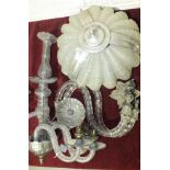 A glass four-branch hanging light fitting, (no drops), 55cm, various glass hanging light bowls,