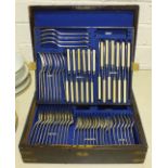 A mixed canteen of plated cutlery contained in a fitted oak box, (teaspoons lacking).