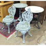 A cast iron pub table base and a cast iron circular table on column triform base, together with