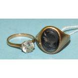 A 9ct gold ring set white stones, size K½ and a 9ct gold ring set hematite, size V, (split), total