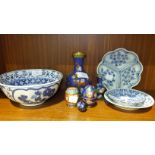 A 20th century Chinese blue and white bowl decorated with chrysanthemums, 8.5cm high, 20cm diameter,