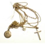 A 9ct gold cross pendant on chain, a 9ct gold chain with cultured pearl and a 9ct St Christopher.