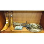 A pair of size 3 beech wood lady's shoe trees, a Swiss carved wood and Chamois coat hanger, (