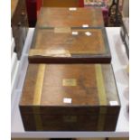 A brass-bound walnut writing slope, two others, (damaged) and a cabin trunk with P & O luggage