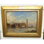 19th century, indistinctly-signed, 'Study of a mill with boats moored beyond', oil on panel, 21 x