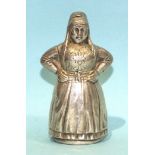 A Dutch silver novelty pepper pot modelled as a young woman, 7.5cm high.