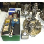 A quantity of plated ware, including cutlery, cocktail shaker, a three-piece tea service, etc,