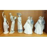 A collection of five Nao figurines, including 'Bride and Groom, Dancing', x2, 'Young Woman