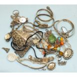 A silver and marcasite bracelet, a silver naval coronet brooch, various bangles and other silver and