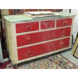 A 19th century painted pine dresser base, the rectangular top above three small and two long