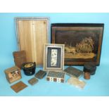 A lacquered wood cotton dispenser labelled Clark & Co, a Vizagapatam card case, a small box and