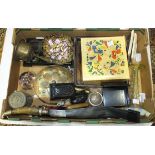 A lacquered wood inkstand, a glass paperweight, various metal ware, prints and miscellaneous items.