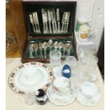 A modern plated canteen of cutlery in fitted case, two Caithness glass paperweights, other glassware