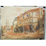 J Stewart, 'Old buildings, Plymouth', signed, unframed watercolour, titled label verso, 50 x 68cm.