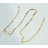 A fancy-link yellow metal neck chain, (broken), tests as approximately 14ct, 5.3g.