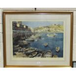 After Edward Seago, 'Port of Ponzo', a coloured print, signed in margin, embossed Trade Guild stamp,