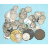 A quantity of mainly British coinage, contains pre-1947 silver, (some holed).