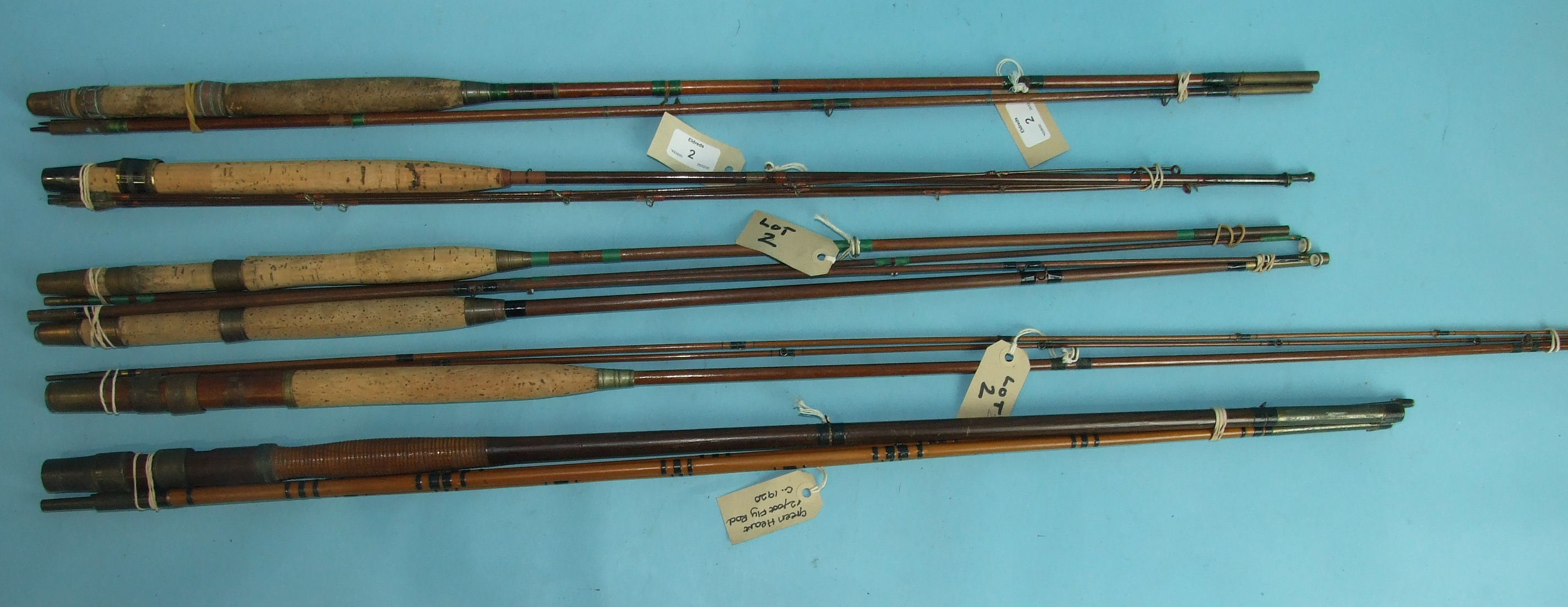 Six greenheart trout fly rods, including a 9ft Playfair, 9ft 6-inch Martin James and 8ft 3-piece - Image 2 of 2