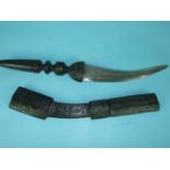 A Middle Eastern curved double-edge 26.5cm dagger with embossed leather grip and scabbard, (65cm