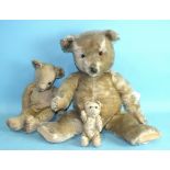 A mid-20th century honey plush teddy bear, possibly by Deans Rag Doll Co, with glass eyes, plastic