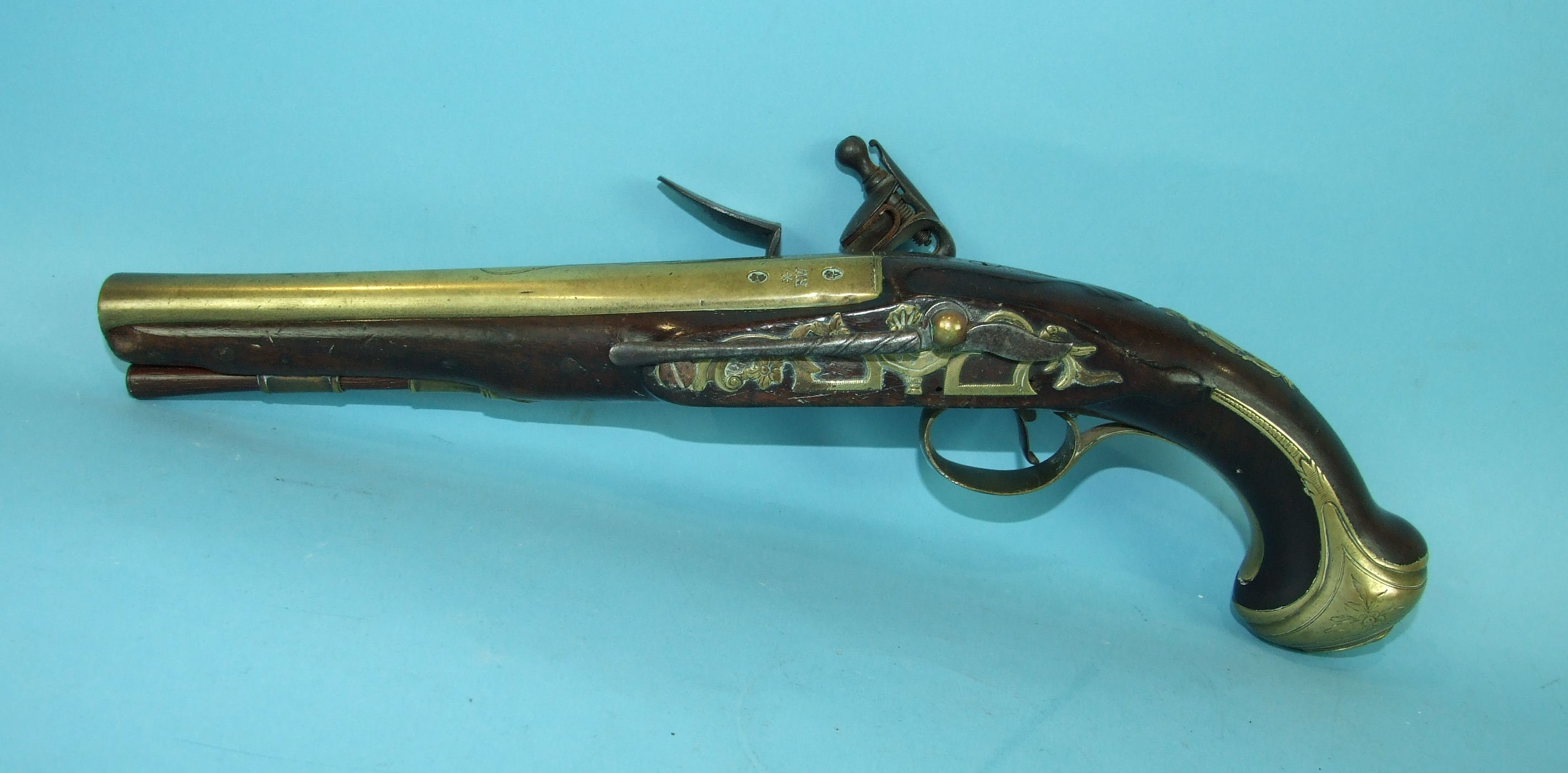 An 18th century flintlock holster pistol by Richard Wilson, London, the 20.5cm brass barrel struck - Image 2 of 8