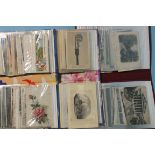 A collection of 83 postcards and various small prints, engravings and greetings cards, in three