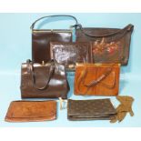 A vintage lizard leather handbag with suede interior, 22cm x 17cm, six other handbags and a pair