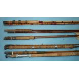 A burnt bamboo 10ft 6-inch 3-piece fly rod with greenheart tip, a 3-piece split-cane rod with