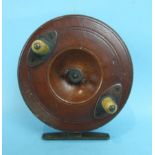 A hardwood 4¼-inch narrow drum reel with bone handles, the face stamped A W Gamage, London.