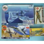 Airfix, four boxed sets: A50005 Avro Vulcan B Mk2, A50041 FI5E Strike Eagle 01401-4 Me 109F and