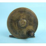A brass 3-inch fly reel stamped Jeffery & Son, Plymouth, with Aitkin leather case.