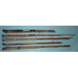 A Hardy 12ft 3-piece steel centre split-cane salmon fly rod, with bronzed brass and alloy